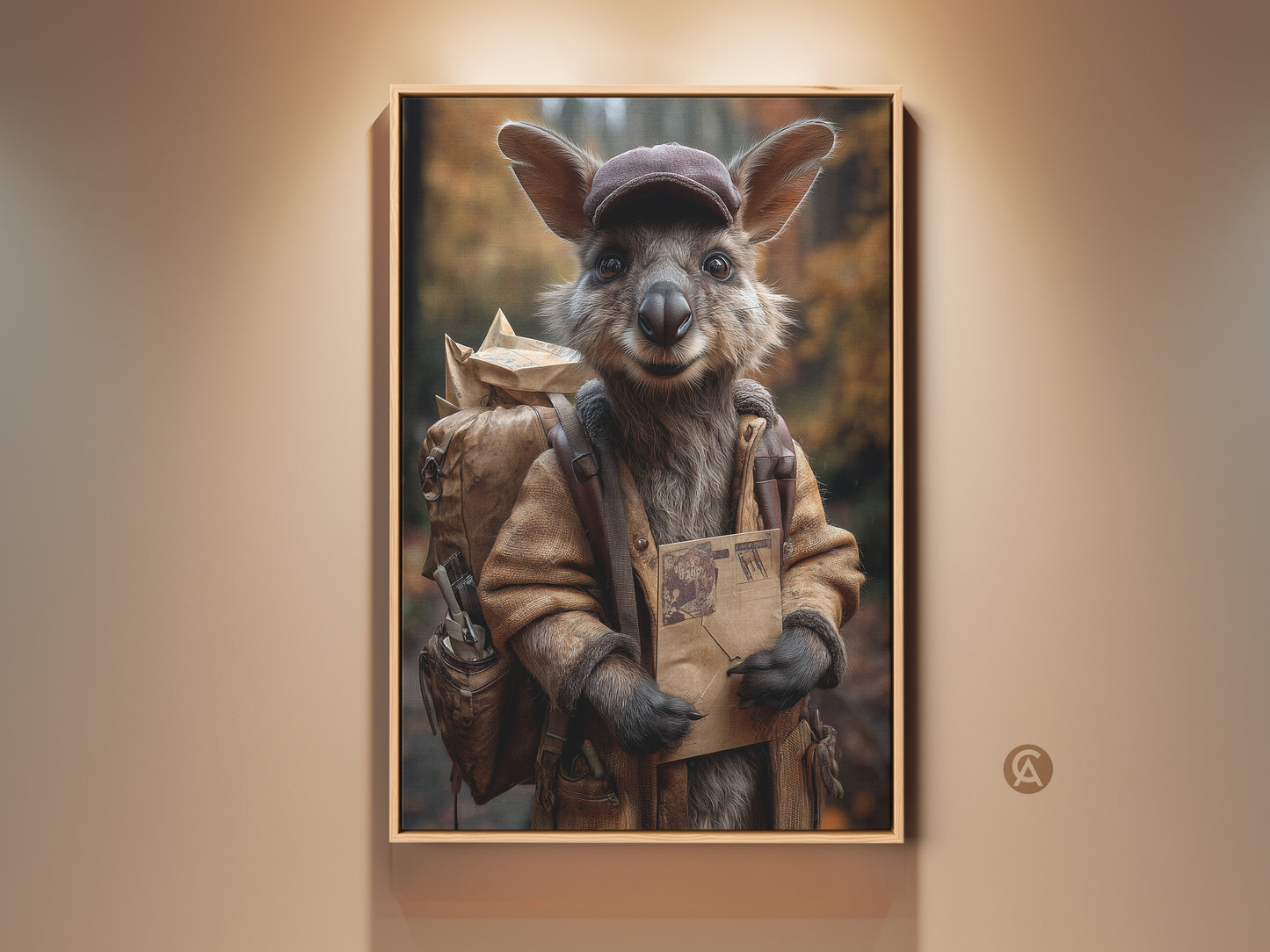 Realistic kangaroo mail carrier art print. The artwork features earthy tones perfect for a study room. This adventure animal canvas makes a unique gift. Its brown hues bring a cozy feel.