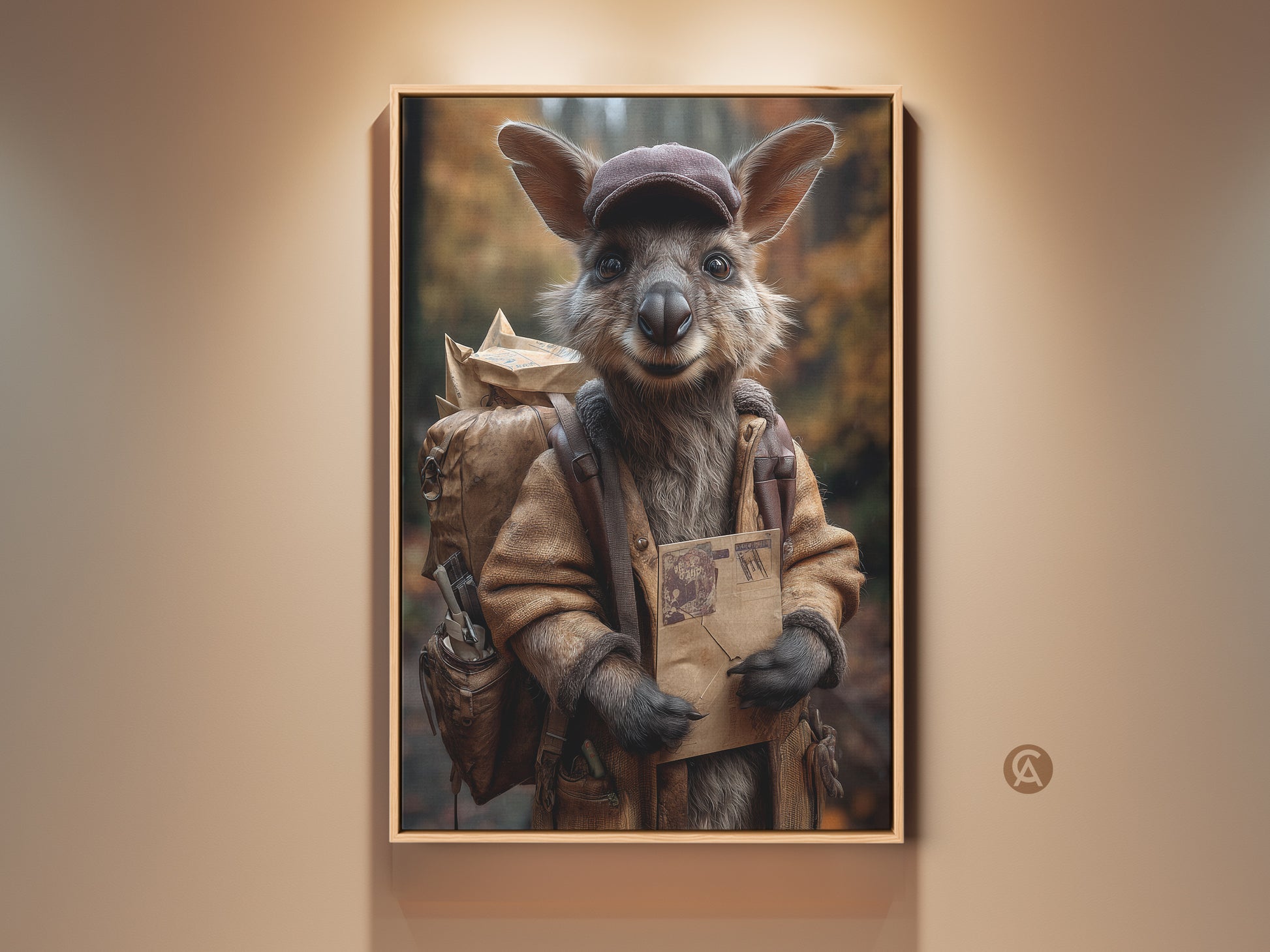 Realistic kangaroo mail carrier art print. The artwork features earthy tones perfect for a study room. This adventure animal canvas makes a unique gift. Its brown hues bring a cozy feel.