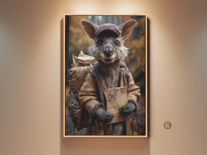 Realistic kangaroo mail carrier art print. The artwork features earthy tones perfect for a study room. This adventure animal canvas makes a unique gift. Its brown hues bring a cozy feel.