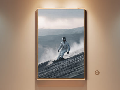 Framed snowboard art print. A snowboarder in a white suit rides down a dune. The artwork has a light oak frame. This wall art adds adventure to any room. Perfect for sports enthusiasts. A great conversation starter.