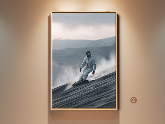 Framed snowboard art print. A snowboarder in a white suit rides down a dune. The artwork has a light oak frame. This wall art adds adventure to any room. Perfect for sports enthusiasts. A great conversation starter.