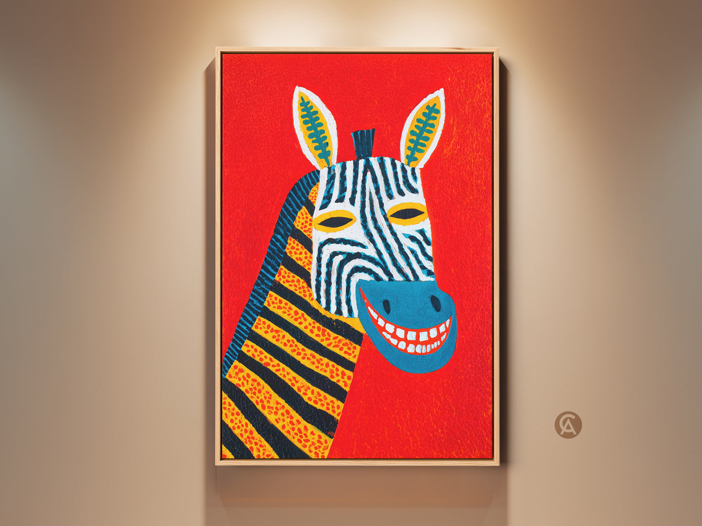 Framed folk art zebra artwork. This piece features an abstract zebra portrait on canvas. The red background enhances the animal's colorful stripes. Perfect wall decor for eclectic spaces. Ideal as a unique gift for animal lovers.