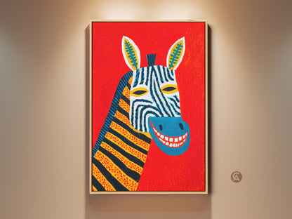 Framed folk art zebra artwork. This piece features an abstract zebra portrait on canvas. The red background enhances the animal's colorful stripes. Perfect wall decor for eclectic spaces. Ideal as a unique gift for animal lovers.