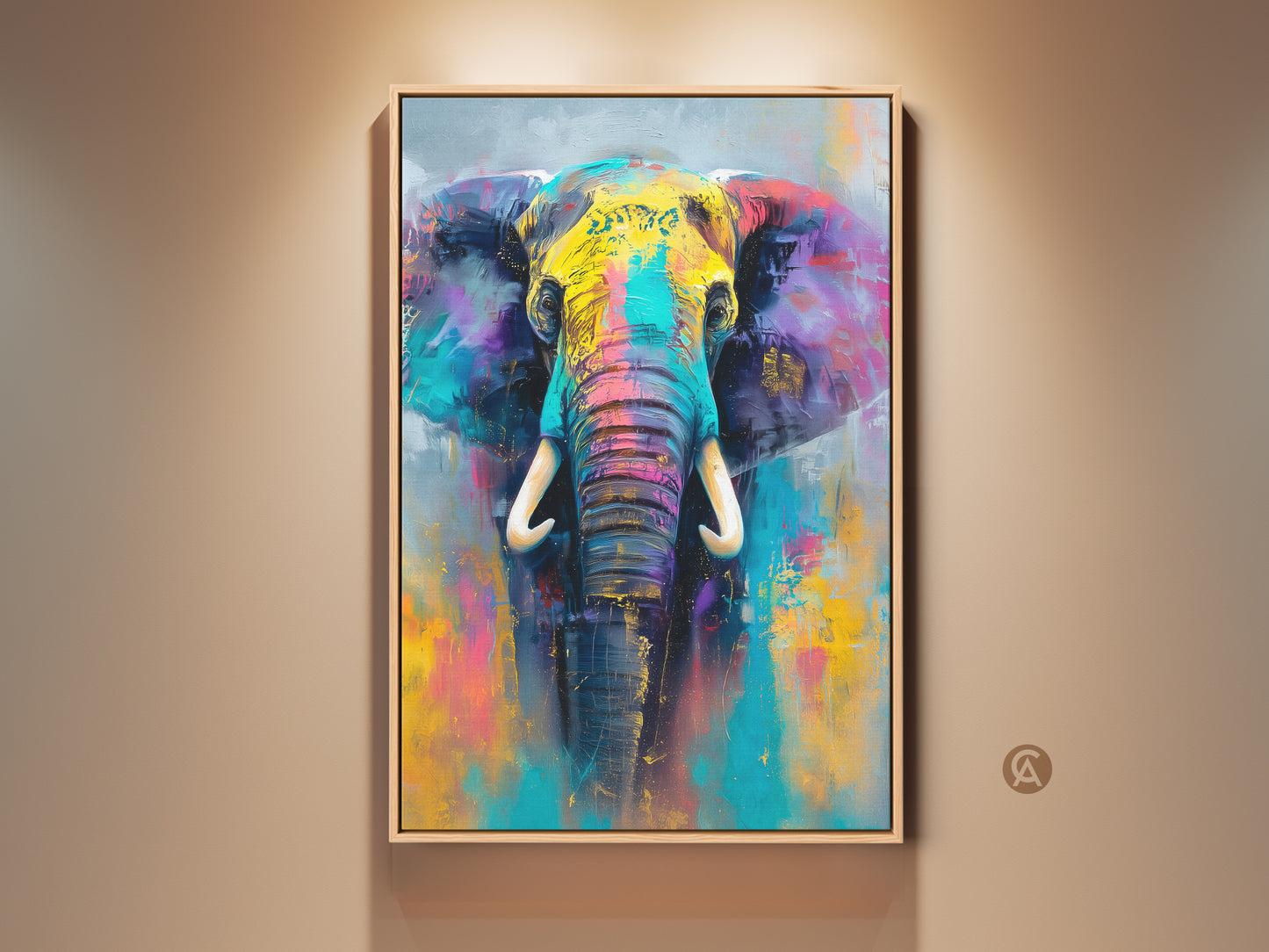 Vibrant elephant artwork brings a burst of color to any room. This stunning painting features bold yellows blues and pinks. The art is framed and ready to hang adding a touch of wild beauty to your home decor.