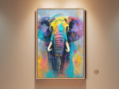 Vibrant elephant artwork brings a burst of color to any room. This stunning painting features bold yellows blues and pinks. The art is framed and ready to hang adding a touch of wild beauty to your home decor.
