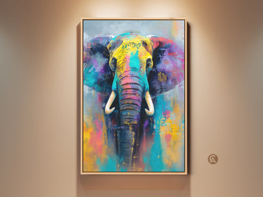 Vibrant elephant artwork brings a burst of color to any room. This stunning painting features bold yellows blues and pinks. The art is framed and ready to hang adding a touch of wild beauty to your home decor.
