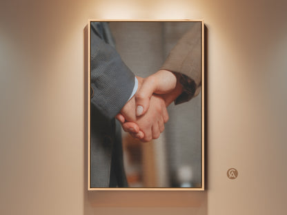Handshake canvas art in a modern office setting. This business partnership wall decor features a neutral color palette. The artwork symbolizes collaboration and success. Perfect professional gift for an executive office. The gray and brown tones add sophistication to any workplace success art.