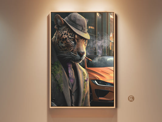 Sophisticated leopard art print. This neo-noir artwork features an animal in a suit and hat. A vintage orange car is in the background. Perfect as luxury office art or unique home decor. Adds a touch of eclectic style.
