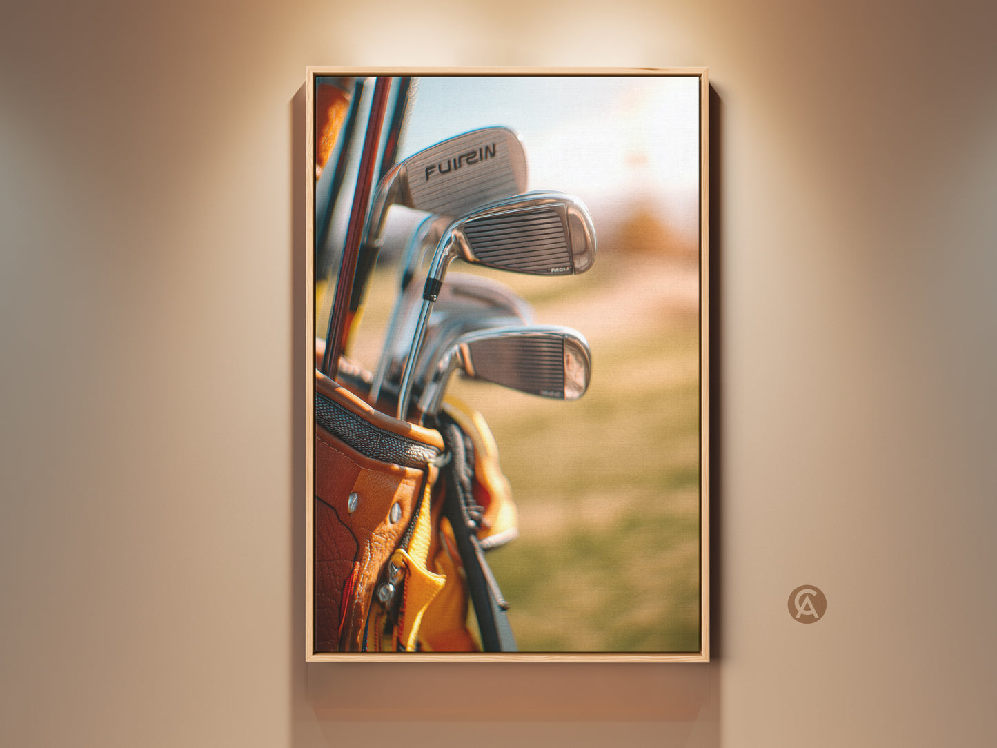 Golf clubs in a stylish tan leather golf bag. A beautiful art piece for golf enthusiasts. The golf equipment shows sunlight. A unique piece of sports artwork for your home or office. Shop now