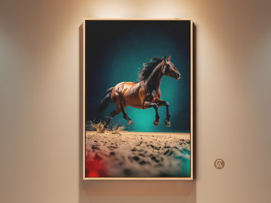 Realistic horse canvas print in a contemporary room setting. This dynamic equine artwork features a horse galloping. The brown and teal animal decor adds a touch of equestrian charm. This is a perfect gift for horse lovers. The artwork enhances the room's aesthetic appeal.