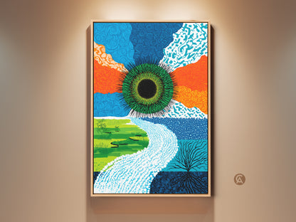 Framed abstract green eye artwork. This contemporary nature canvas print features blue orange and green colors. The modern eye motif home decor includes roots. The wall art makes a unique housewarming gift.