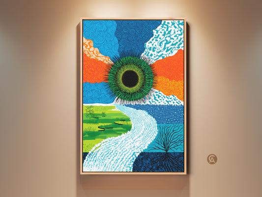 Framed abstract green eye artwork. This contemporary nature canvas print features blue orange and green colors. The modern eye motif home decor includes roots. The wall art makes a unique housewarming gift.