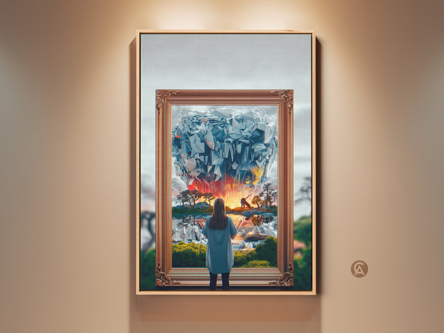 Fantasy Art Print. A surreal woman gazes into an abstract crystal world. This blue orange yellow canvas art adds an eclectic touch to bedroom decor. A unique anniversary gift for dreamers. It enhances any space with fantasy landscape artwork.