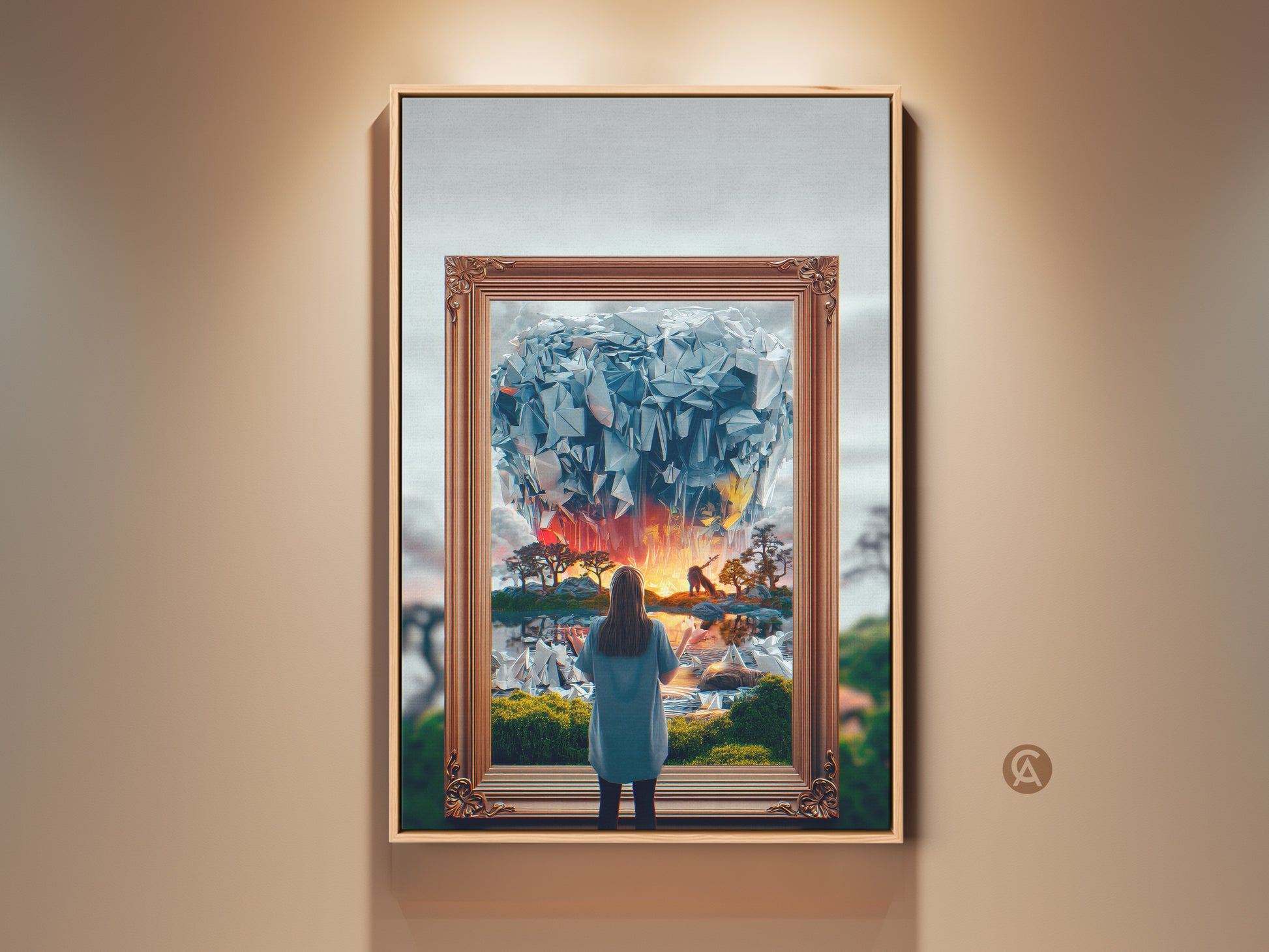 Fantasy Art Print. A surreal woman gazes into an abstract crystal world. This blue orange yellow canvas art adds an eclectic touch to bedroom decor. A unique anniversary gift for dreamers. It enhances any space with fantasy landscape artwork.