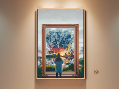 Fantasy Art Print. A surreal woman gazes into an abstract crystal world. This blue orange yellow canvas art adds an eclectic touch to bedroom decor. A unique anniversary gift for dreamers. It enhances any space with fantasy landscape artwork.