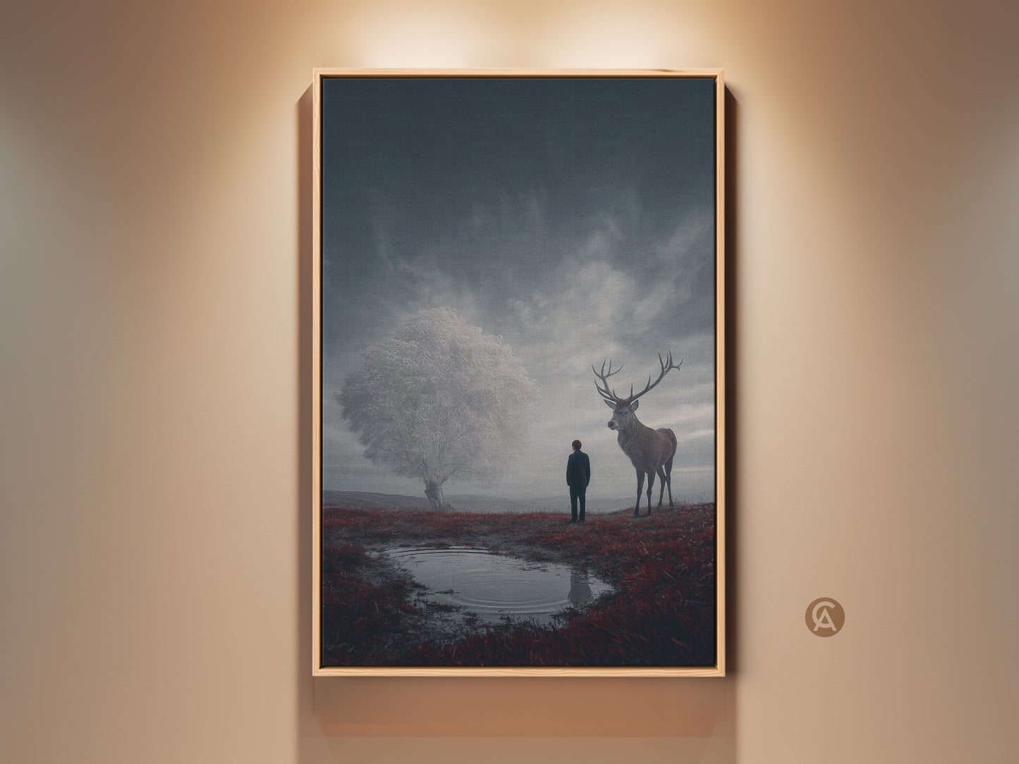 Deep blue and crimson surreal art print. A deer and figure stand in a fantasy landscape canvas. This eclectic bedroom wall art makes a great gift for dreamers. The art print is displayed with warm lighting and a neutral background.