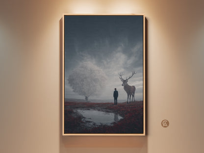 Deep blue and crimson surreal art print. A deer and figure stand in a fantasy landscape canvas. This eclectic bedroom wall art makes a great gift for dreamers. The art print is displayed with warm lighting and a neutral background.
