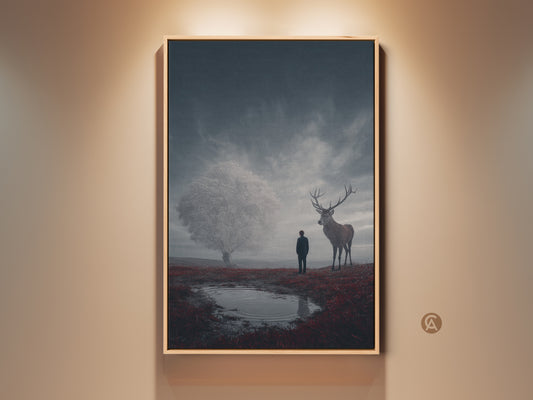 Deep blue and crimson surreal art print. A deer and figure stand in a fantasy landscape canvas. This eclectic bedroom wall art makes a great gift for dreamers. The art print is displayed with warm lighting and a neutral background.