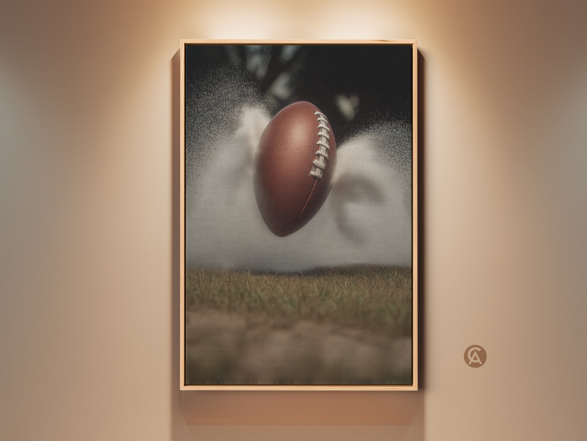 Elevate your space with this dynamic football art print. It captures the raw energy of sports action. This canvas wall decor is perfect for a modern office or man cave. A great gift for any sports lover it features a textured football against a misty field bringing an athletic touch to any room.