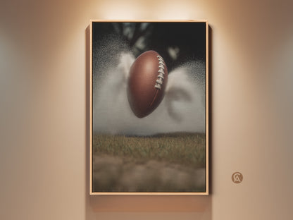 Elevate your space with this dynamic football art print. It captures the raw energy of sports action. This canvas wall decor is perfect for a modern office or man cave. A great gift for any sports lover it features a textured football against a misty field bringing an athletic touch to any room.