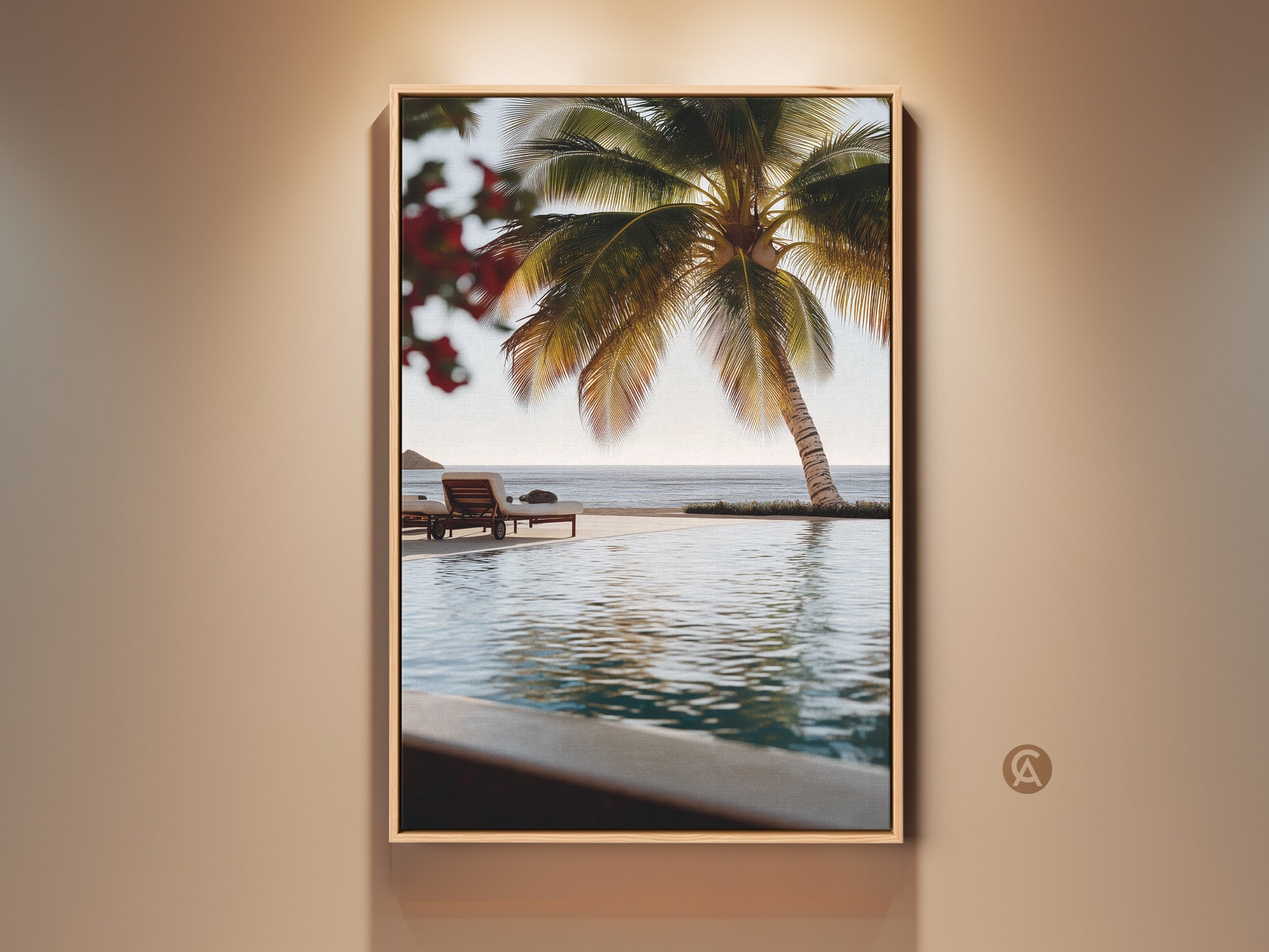 Framed Beachside Paradise Canvas Art. Photorealistic teal ocean view with green palm tree art. Lounge chairs sit by a blue pool. Coastal home decor wall art brings a tropical aesthetic. Perfect housewarming gift for beach lovers. Contemporary island paradise artwork.