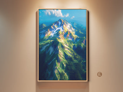 Gallery artwork featuring a snow-capped mountain. This landscape artwork is displayed in a wooden frame. The fine art print brings nature indoors. This wall art enhances any room's aesthetic. A perfect piece for nature lovers seeking scenic artwork.