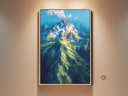 Gallery artwork featuring a snow-capped mountain. This landscape artwork is displayed in a wooden frame. The fine art print brings nature indoors. This wall art enhances any room's aesthetic. A perfect piece for nature lovers seeking scenic artwork.