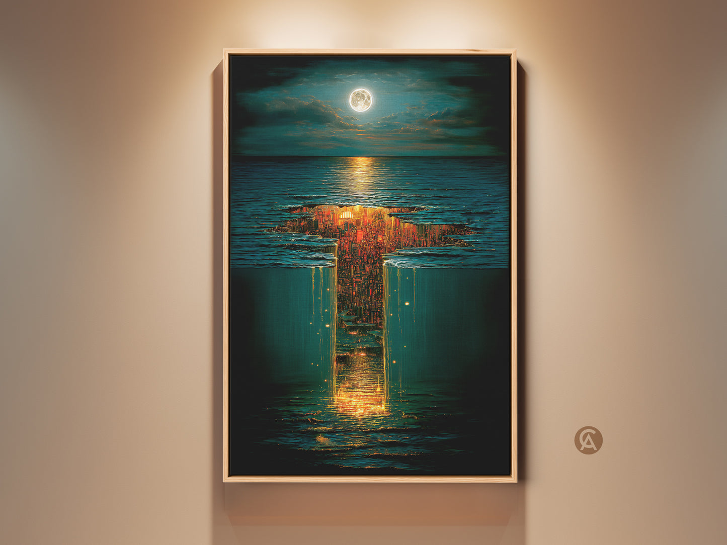 Fantasy Art Print of a surreal underwater cityscape with a moonlit sky. This golden orange and deep blue tone adds an eclectic touch to your home decor. A great gift for dreamers. The frame enhances its dreamy ambiance and makes it a unique gift for any space.