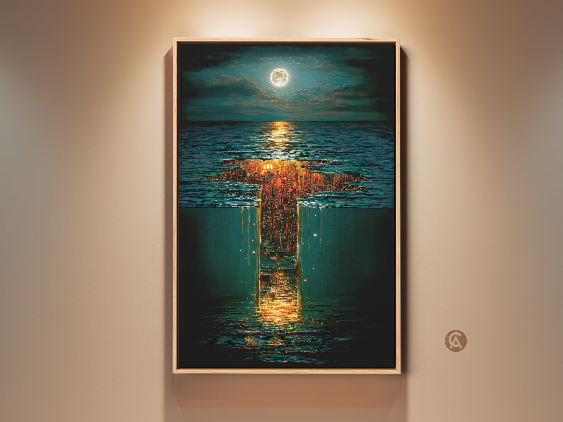 Fantasy Art Print of a surreal underwater cityscape with a moonlit sky. This golden orange and deep blue tone adds an eclectic touch to your home decor. A great gift for dreamers. The frame enhances its dreamy ambiance and makes it a unique gift for any space.