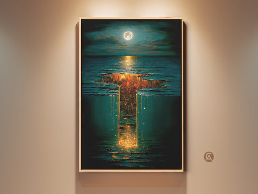Fantasy Art Print of a surreal underwater cityscape with a moonlit sky. This golden orange and deep blue tone adds an eclectic touch to your home decor. A great gift for dreamers. The frame enhances its dreamy ambiance and makes it a unique gift for any space.