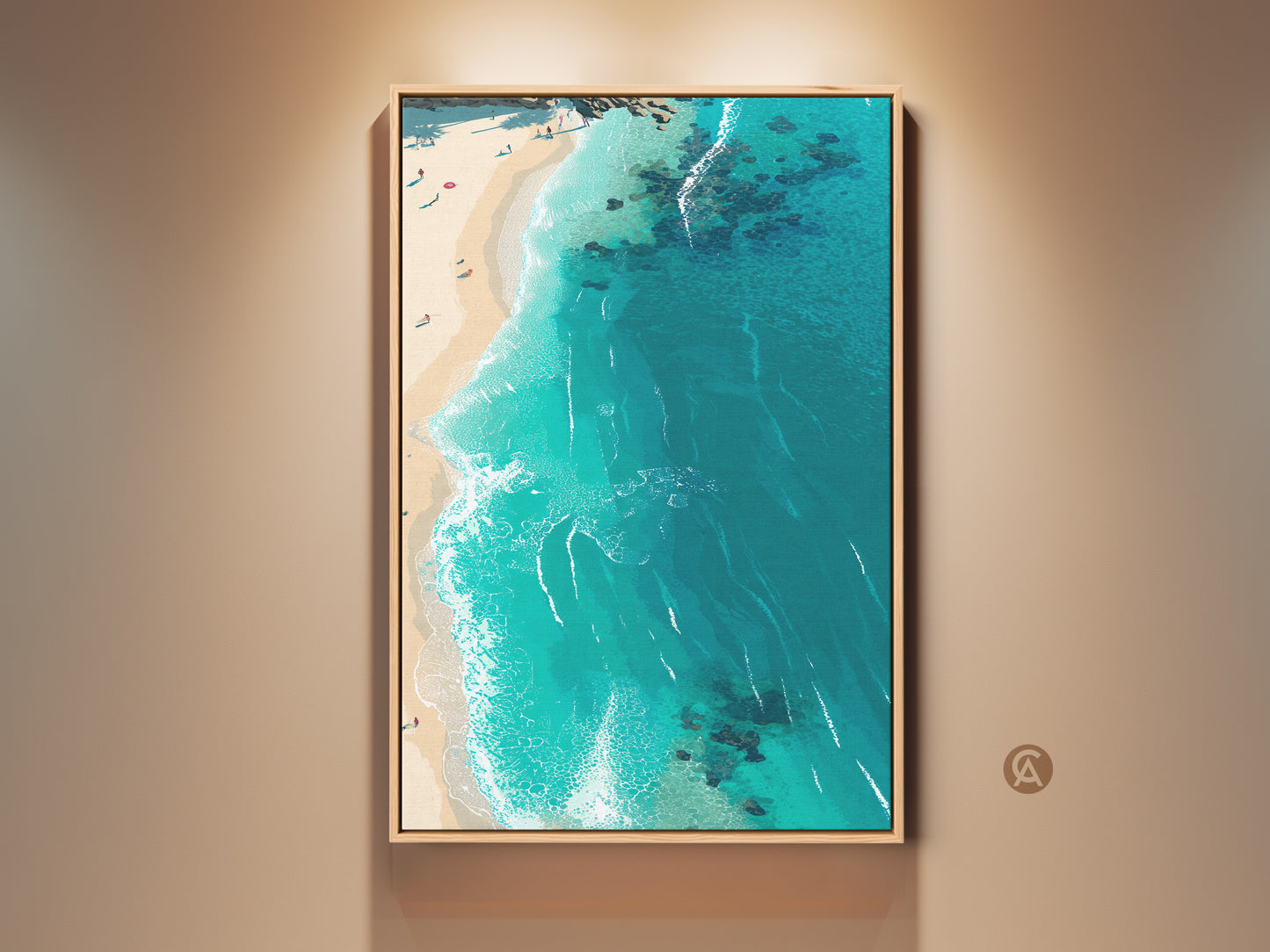Framed beach wall art adds a coastal touch. The aerial view captures the stunning turquoise ocean and sandy shore. The artwork is framed in a natural wood finish ready to hang. Perfect for bringing a serene beach vibe to any room.