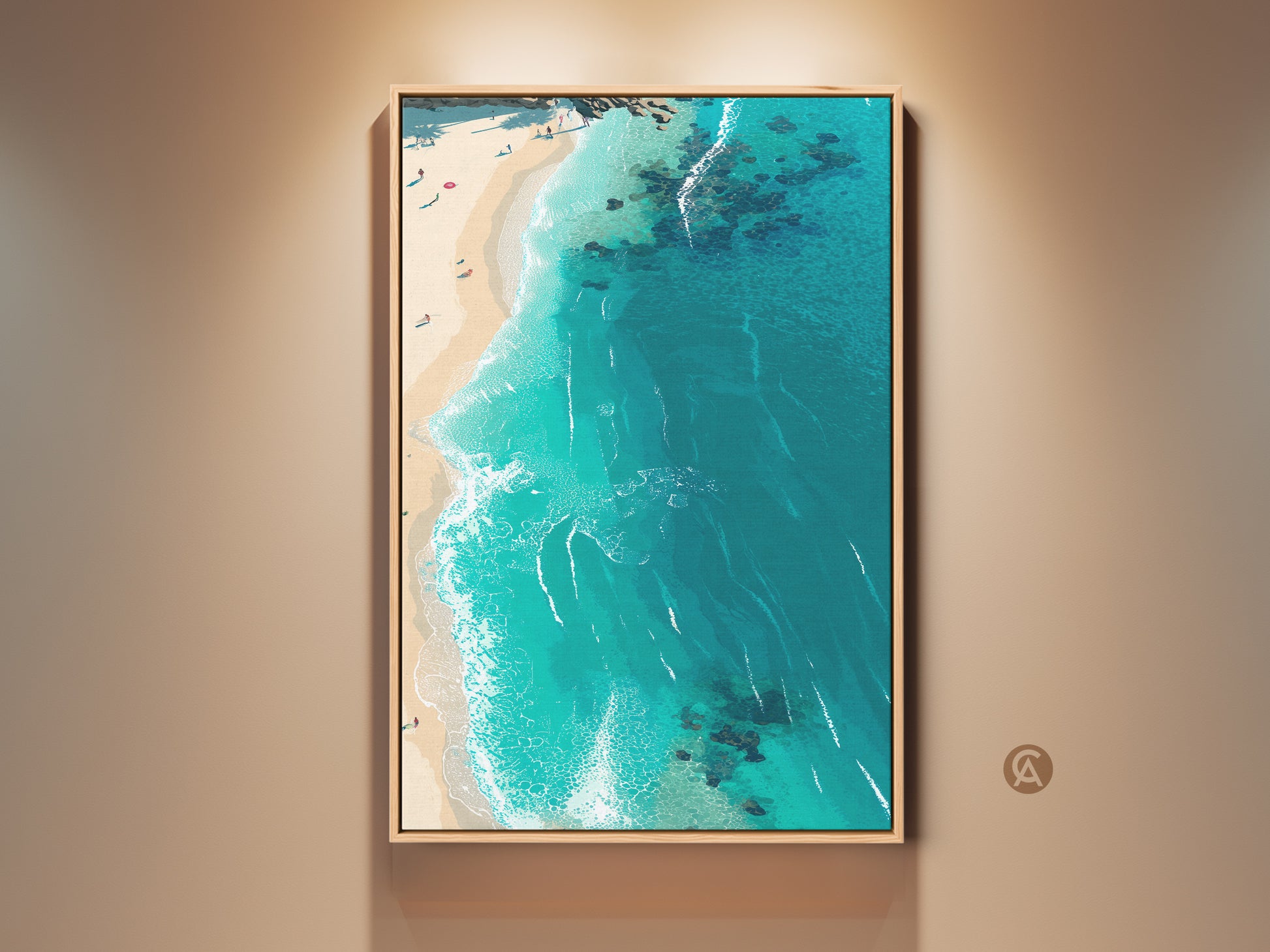 Framed beach wall art adds a coastal touch. The aerial view captures the stunning turquoise ocean and sandy shore. The artwork is framed in a natural wood finish ready to hang. Perfect for bringing a serene beach vibe to any room.