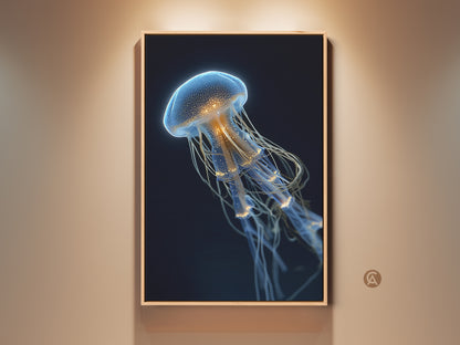 Electric blue jellyfish art print framed in a natural wood finish. This surreal marine artwork brings contemporary ocean beauty to your home. The bioluminescent jellyfish glows with golden yellow accents. A unique wall hanging decor for sea lovers this fine art jellyfish print adds an artistic touch to any room.