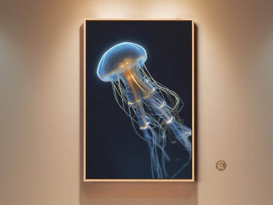Electric blue jellyfish art print framed in a natural wood finish. This surreal marine artwork brings contemporary ocean beauty to your home. The bioluminescent jellyfish glows with golden yellow accents. A unique wall hanging decor for sea lovers this fine art jellyfish print adds an artistic touch to any room.