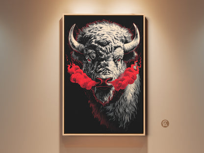 Framed buffalo artwork. This art features a buffalo head with red smoke coming from its nose. The frame is a light wood color. It's a unique piece of wall art. Perfect for living rooms or offices. A striking piece to buy online.