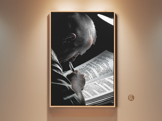 Close up of a man engrossed in reading shown in black and white canvas art. This contemporary graphic novel style print adds intellectual appeal. It is ideal for study decor office art and a sophisticated gift for book lovers. This piece enhances any space with minimalist home decor. Perfect as literature gift academic wall art or graduation present.
