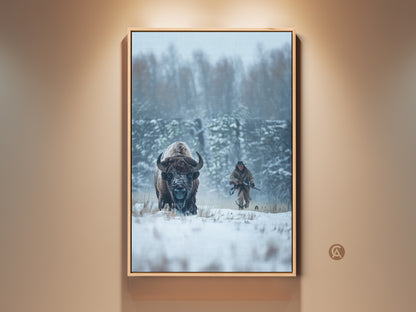 Framed artwork featuring a bison in a snowy landscape. A hunter is seen in the background creating a sense of wilderness. The art piece captures a moment of raw nature. This artwork is a great piece for wildlife art collectors.