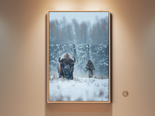 Framed artwork featuring a bison in a snowy landscape. A hunter is seen in the background creating a sense of wilderness. The art piece captures a moment of raw nature. This artwork is a great piece for wildlife art collectors.