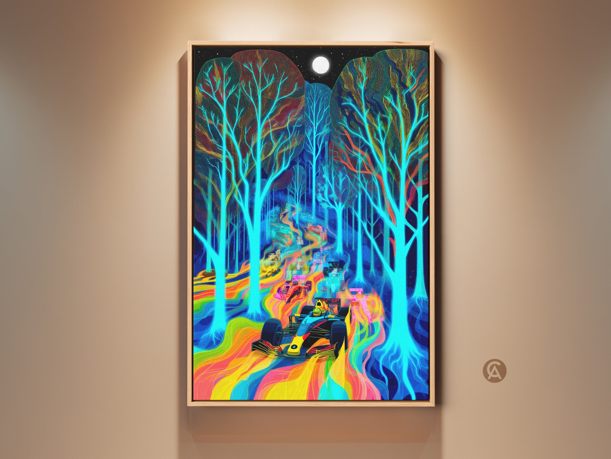 Formula 1 art print. This artwork features a surreal scene of race cars speeding through a psychedelic forest under a full moon. The vibrant rainbow colors & electric blue trees create a unique feel. A perfect wall art for F1 & art lovers.