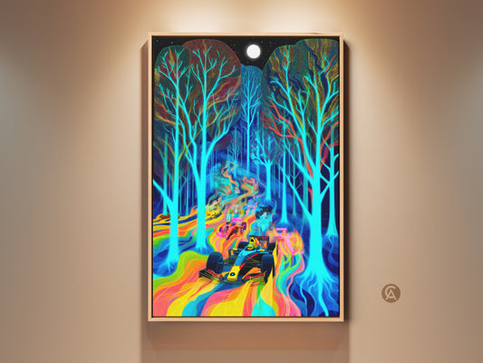 Formula 1 art print. This artwork features a surreal scene of race cars speeding through a psychedelic forest under a full moon. The vibrant rainbow colors & electric blue trees create a unique feel. A perfect wall art for F1 & art lovers.