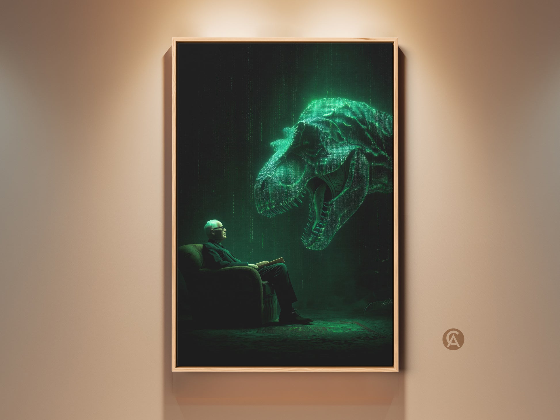 Framed artwork shows an elderly man reading in a chair. A glowing green Tyrannosaurus Rex hovers behind him. This digital painting features a matrix-style code effect. Enhance your space with this thought-provoking art print. It is available framed or unframed.
