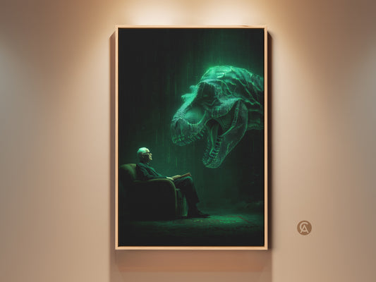 Framed artwork shows an elderly man reading in a chair. A glowing green Tyrannosaurus Rex hovers behind him. This digital painting features a matrix-style code effect. Enhance your space with this thought-provoking art print. It is available framed or unframed.