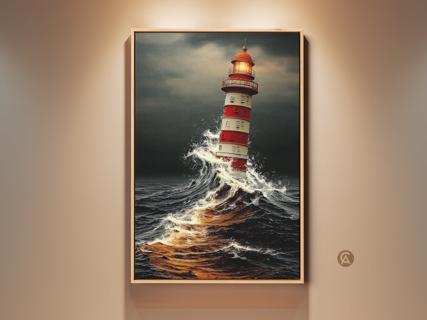 Framed Nautical Lighthouse Wall Art displays a coastal canvas print with ocean waves. It is a maritime seascape painting in a wood frame. This artwork makes a perfect gift for sailors and coastal homes.