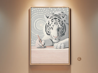 Framed view of the Minimalist White Tiger Canvas Art. This modern animal wall decor features an abstract line art print. A unique gift for creative individuals and artists. Perfect for a study room or home office. The white black and grey tones add sophistication. Ready to hang and admire.