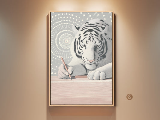 Framed view of the Minimalist White Tiger Canvas Art. This modern animal wall decor features an abstract line art print. A unique gift for creative individuals and artists. Perfect for a study room or home office. The white black and grey tones add sophistication. Ready to hang and admire.