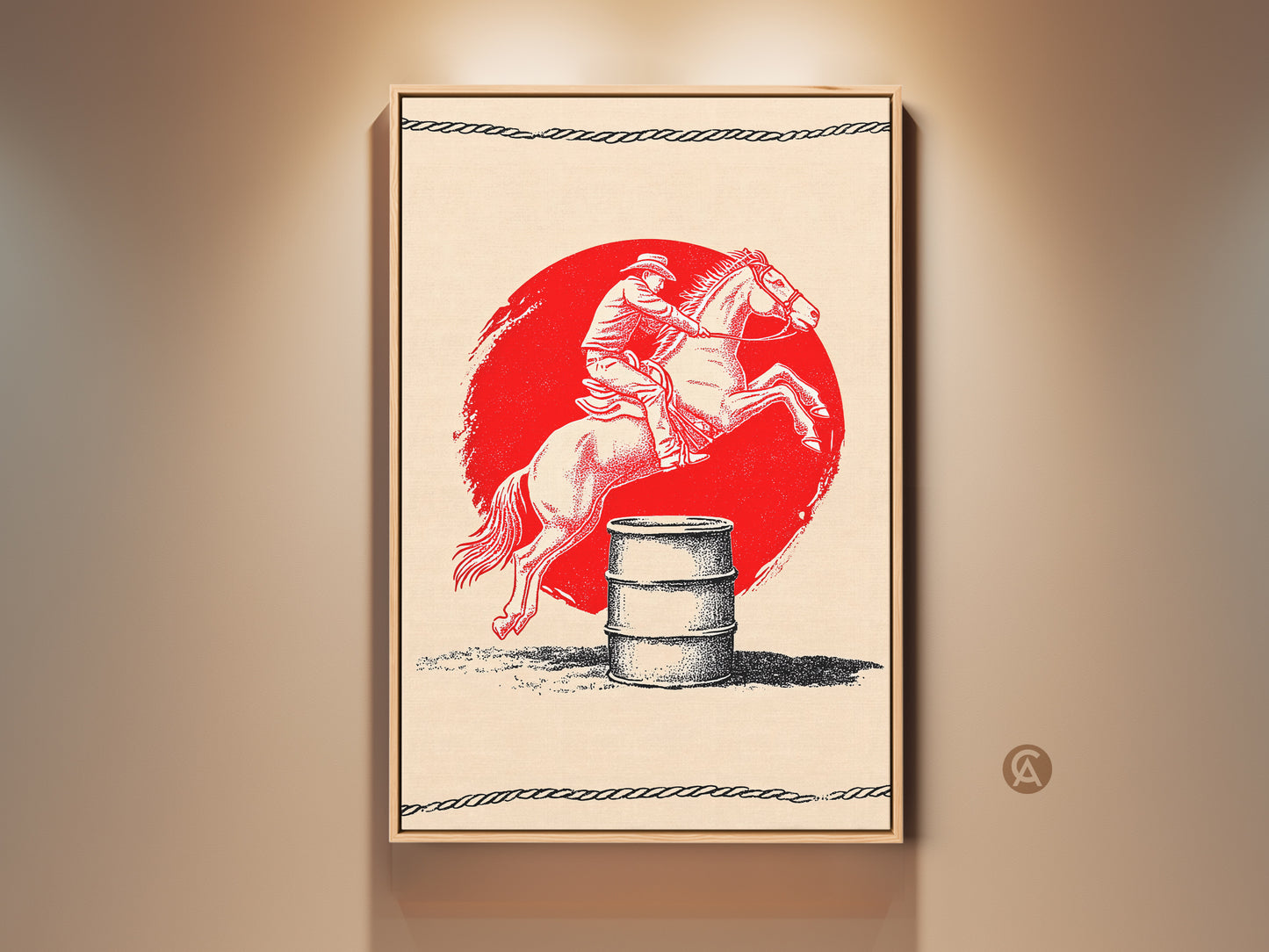 This framed vintage western artwork features a red horse rider print. It captures a cowboy barrel racing scene in a rustic style. A unique piece perfect for a den or cowboy-themed decor. The art print brings the spirit of the Wild West to any wall. Ideal for those who love equestrian and Americana art.