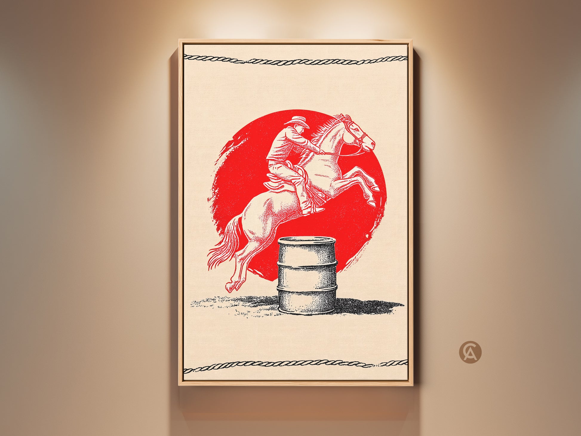 This framed vintage western artwork features a red horse rider print. It captures a cowboy barrel racing scene in a rustic style. A unique piece perfect for a den or cowboy-themed decor. The art print brings the spirit of the Wild West to any wall. Ideal for those who love equestrian and Americana art.