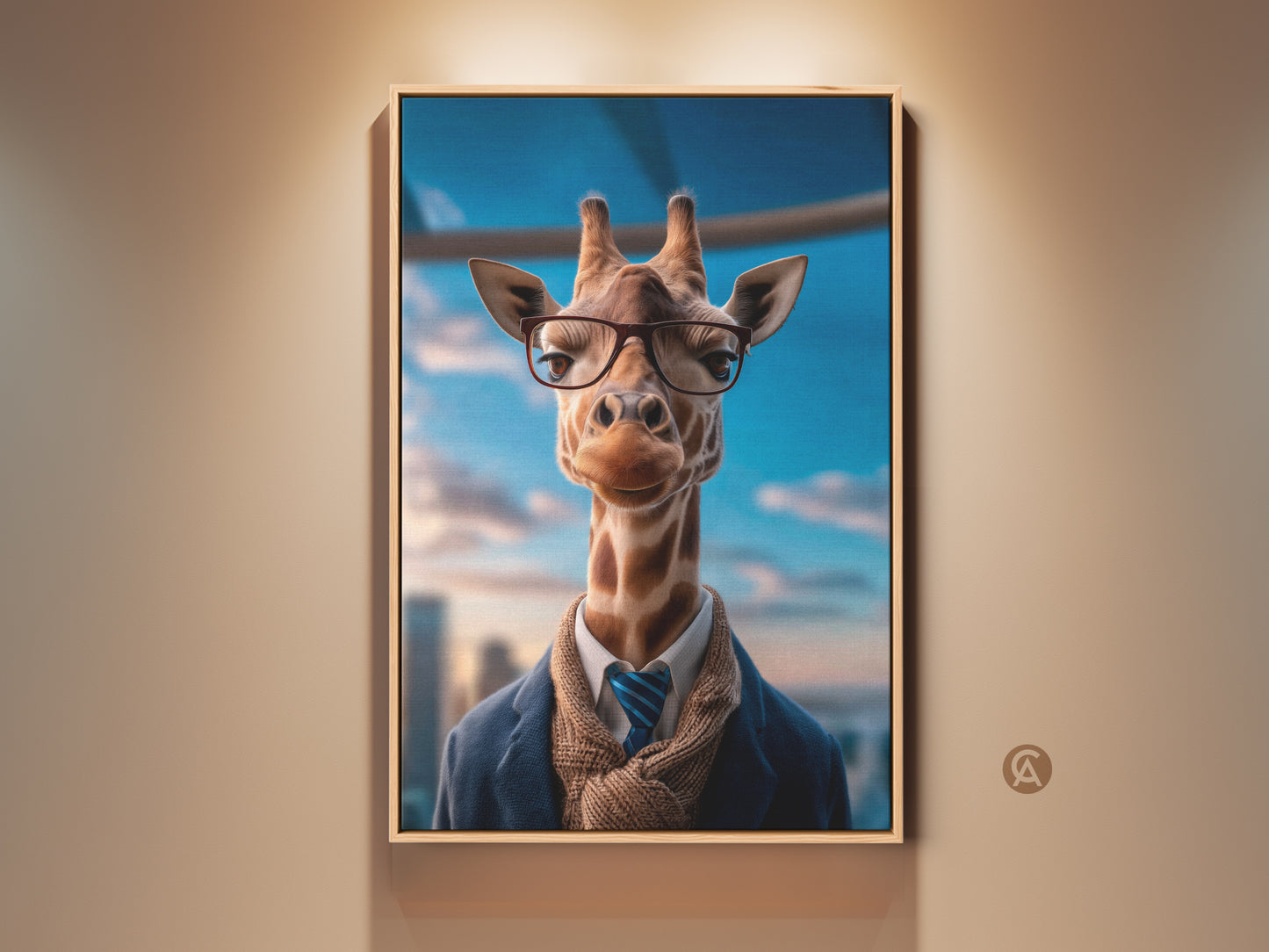 Elevate your office with this Eclectic Giraffe Wall Art. This artwork features a dapper giraffe wearing glasses and a suit. The tan brown and blue tones make it a versatile piece for office decor. Perfect for animal lovers seeking sophisticated wall art. Add personality to your space with this unique animal portrait.