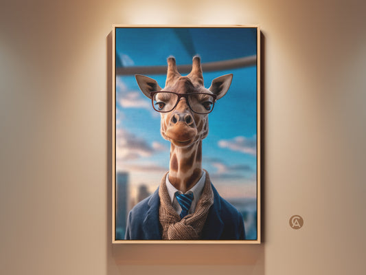 Elevate your office with this Eclectic Giraffe Wall Art. This artwork features a dapper giraffe wearing glasses and a suit. The tan brown and blue tones make it a versatile piece for office decor. Perfect for animal lovers seeking sophisticated wall art. Add personality to your space with this unique animal portrait.