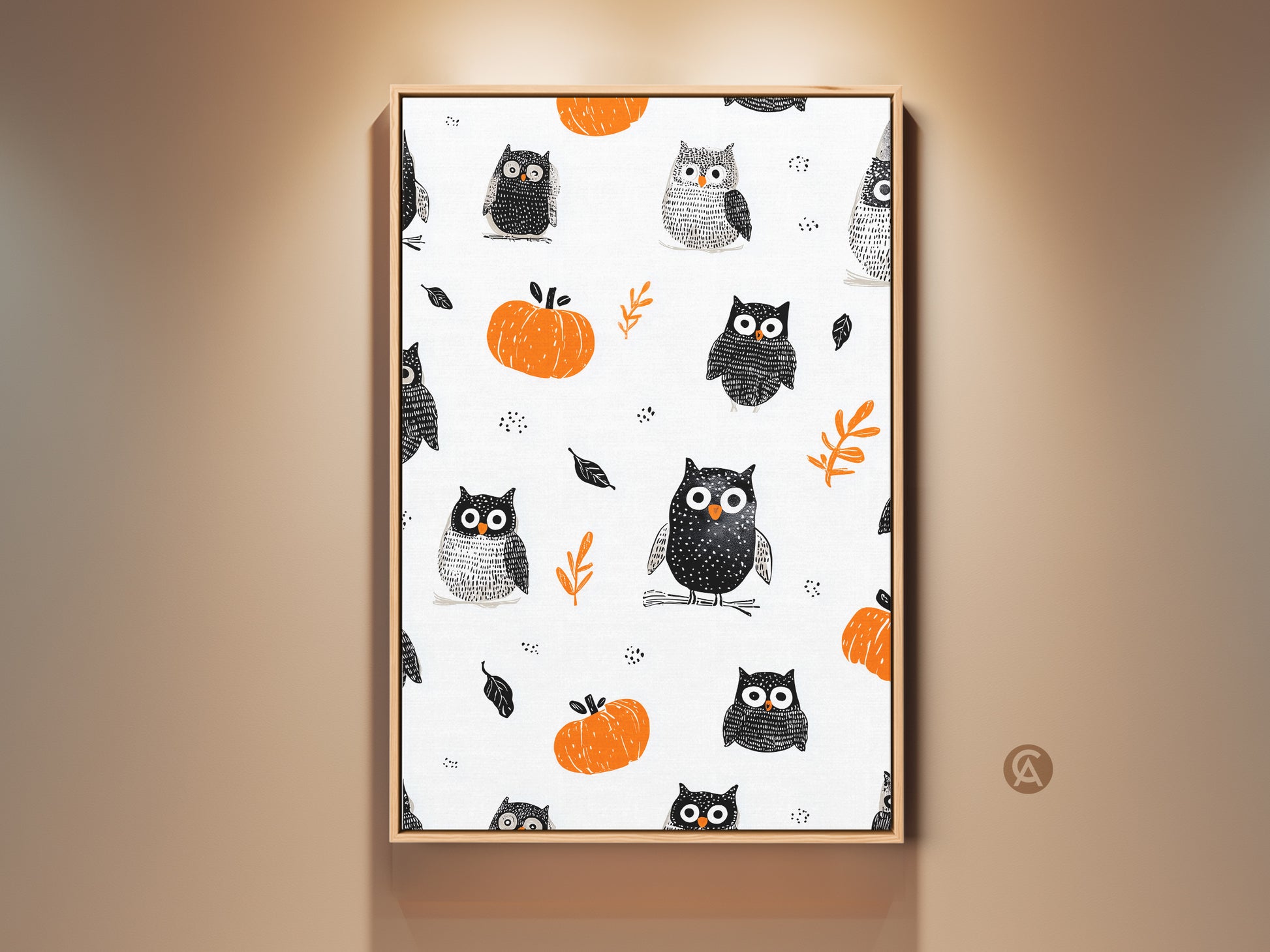 Charming Halloween Art Print featuring playful owls and pumpkins. This whimsical pattern brings a seasonal touch to any space. It's rendered in a classic black white and orange palette adding folk art to your kids room or nursery. Perfect wall art to bring smiles and personality to your home decor for fall.